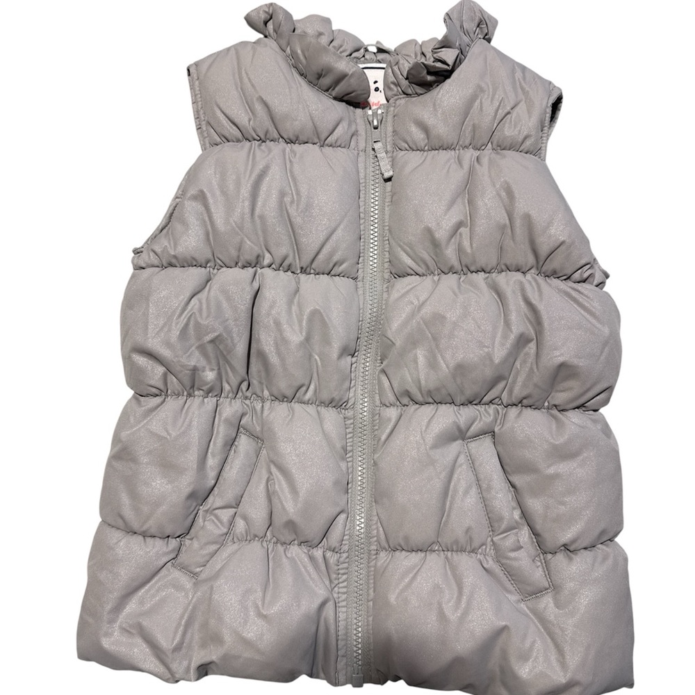Gymboree Girls Silver Shimmer Puffer Vest Size M (7-8) Zip‎ Up Ruffle Collar